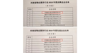 2019年12月27日，建業(yè)物業(yè)獲評由河南省物業(yè)管理協(xié)會授予的“河南省物業(yè)服務(wù)行業(yè)2019年度品牌企業(yè)”“河南省物業(yè)服務(wù)行業(yè)2019年度先進企業(yè)”榮譽稱號。